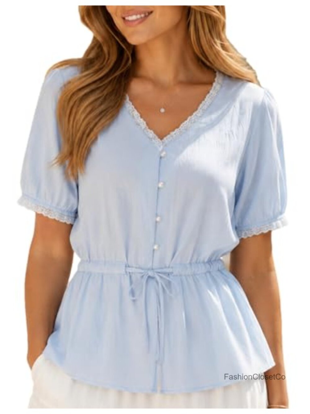 Women's Babydoll Peplum Top Short Sleeve Lace Trim V Neck Button Down Blouse